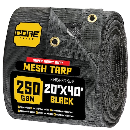 Core Tarps Mesh Tarp, 20X40 ft, Black, Polyethylene CT-801-20X40